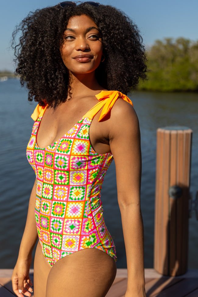 Sweet Life Multi Tie Strap Crochet Print One Piece Swimsuit FINAL SALE - Image 4