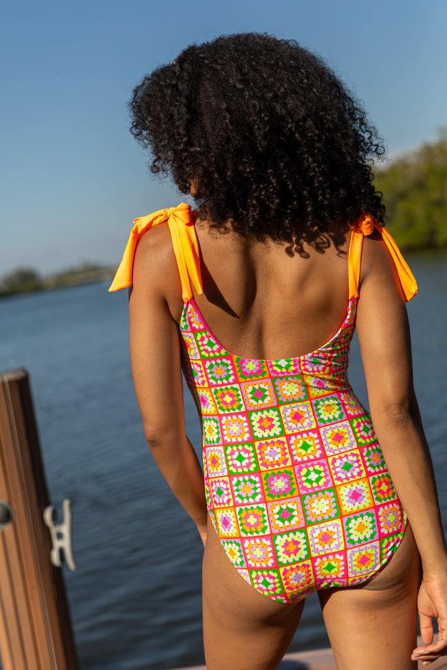 Sweet Life Multi Tie Strap Crochet Print One Piece Swimsuit FINAL SALE - Image 5