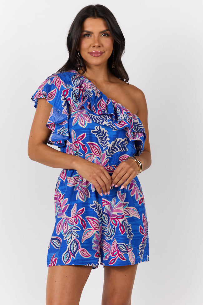 Radiating Beauty Blue Multi One Shoulder Ruffle Romper FINAL SALE