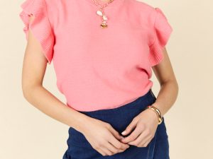 Make A Statement Coral Ruffle Short Sleeve Sweater FINAL SALE
