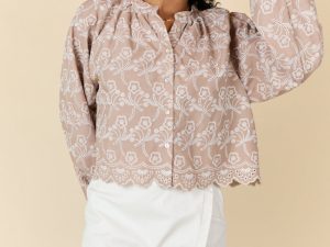 Downtown Delight Tan Embroidered Blouse FINAL SALE