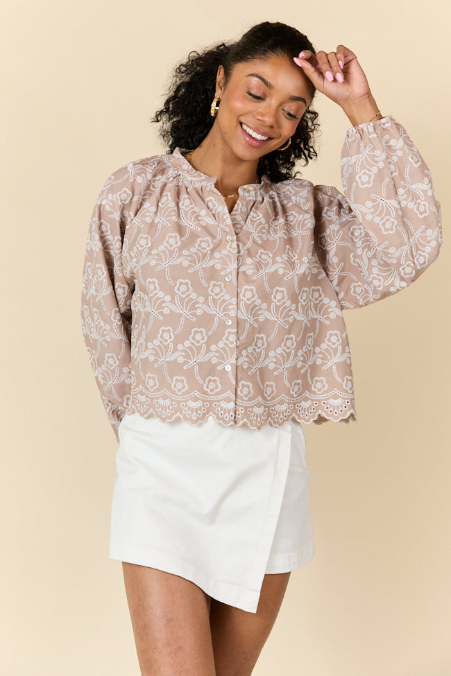 Downtown Delight Tan Embroidered Blouse FINAL SALE