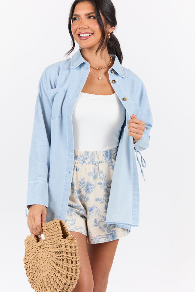 Different Plans Light Wash Chambray Button Down Blouse FINAL SALE - Image 3