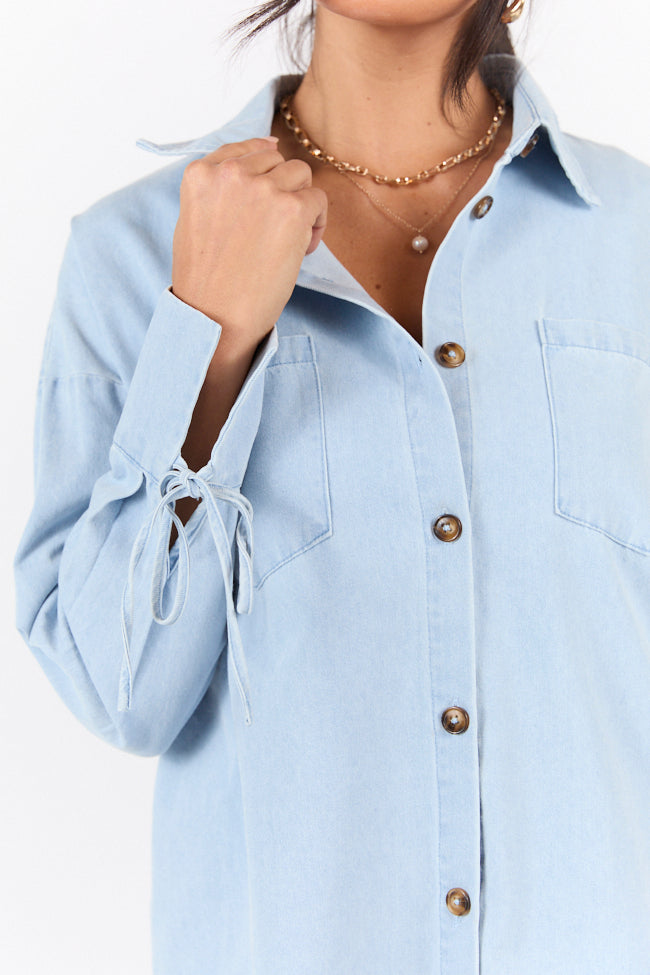 Different Plans Light Wash Chambray Button Down Blouse FINAL SALE - Image 7