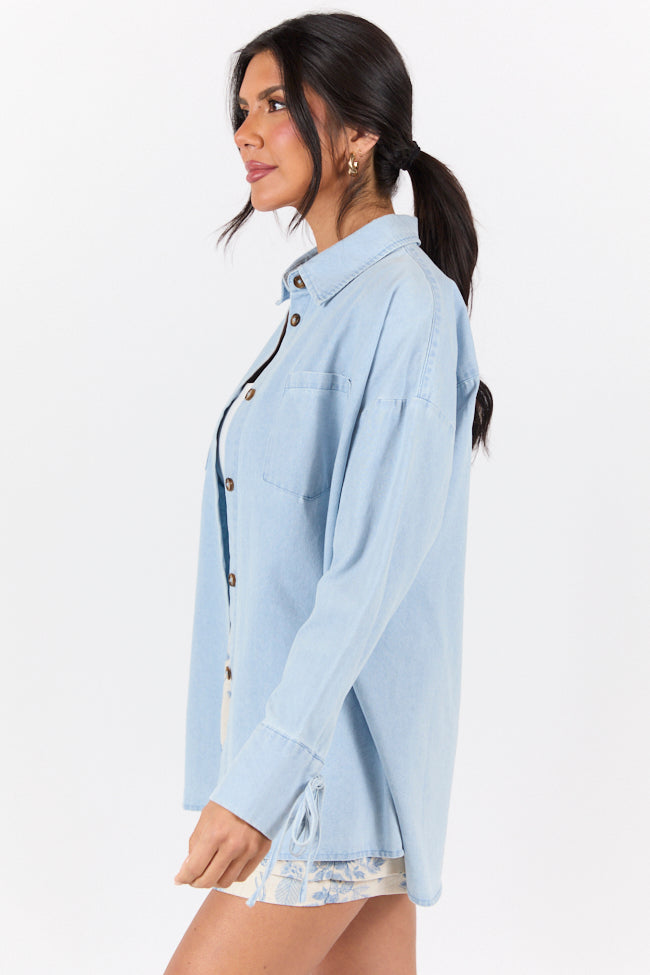 Different Plans Light Wash Chambray Button Down Blouse FINAL SALE - Image 6