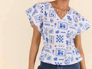 Missed You Blue Icon Printed Cinched Waist Woven Blouse FINAL SALE