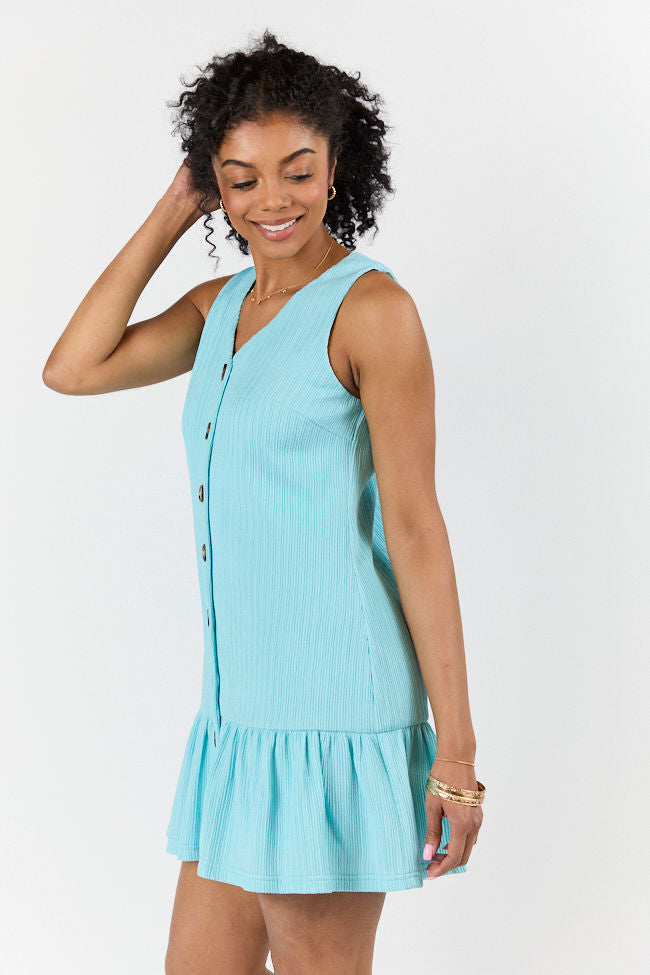 Sunset Romance Light Blue Knit Button Front Mini Dress FINAL SALE - Image 4