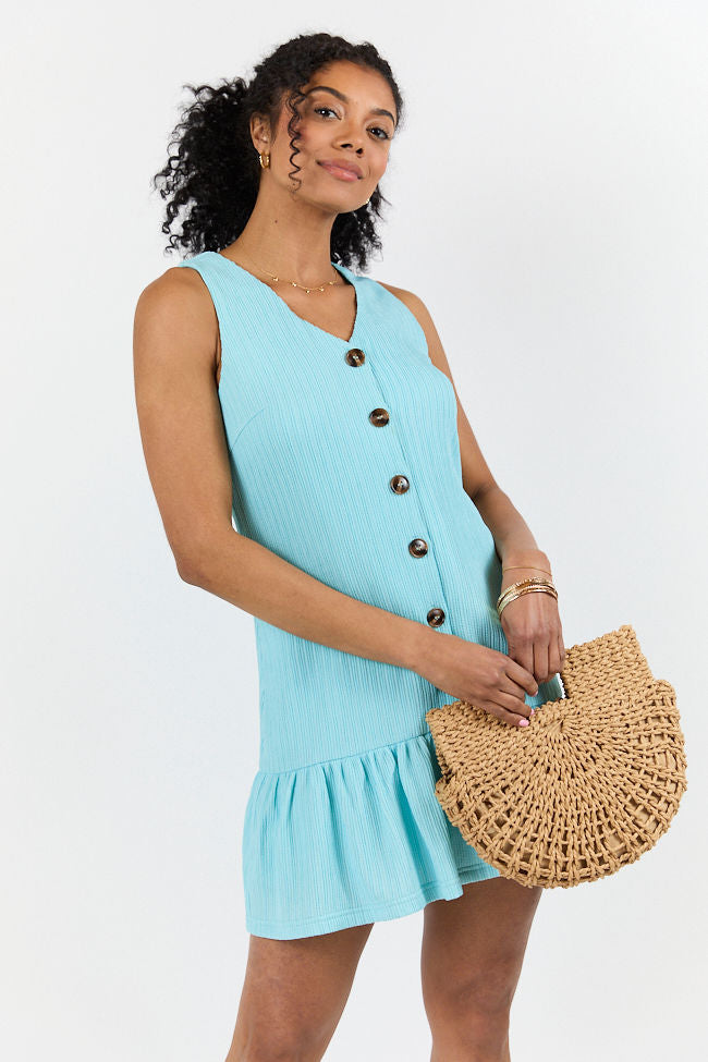 Sunset Romance Light Blue Knit Button Front Mini Dress FINAL SALE