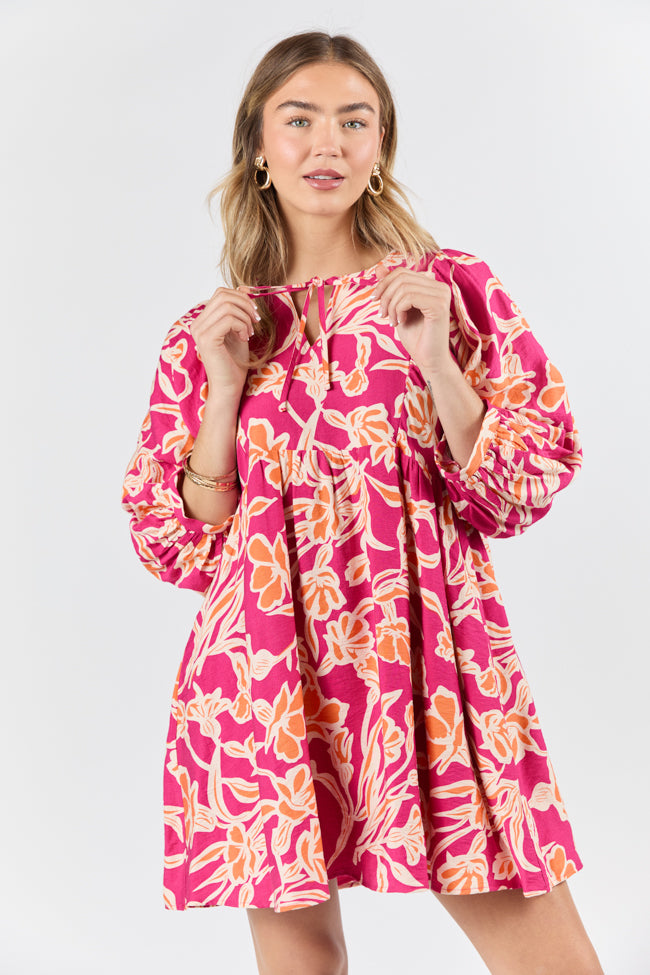 Keep The Flowers Fuchsia Floral Print Long Sleeve Mini Dress FINAL SALE - Image 3
