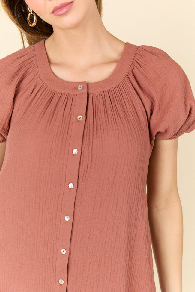 Life Of The Party Brown Gauze Short Sleeve Mini Dress FINAL SALE - Image 3