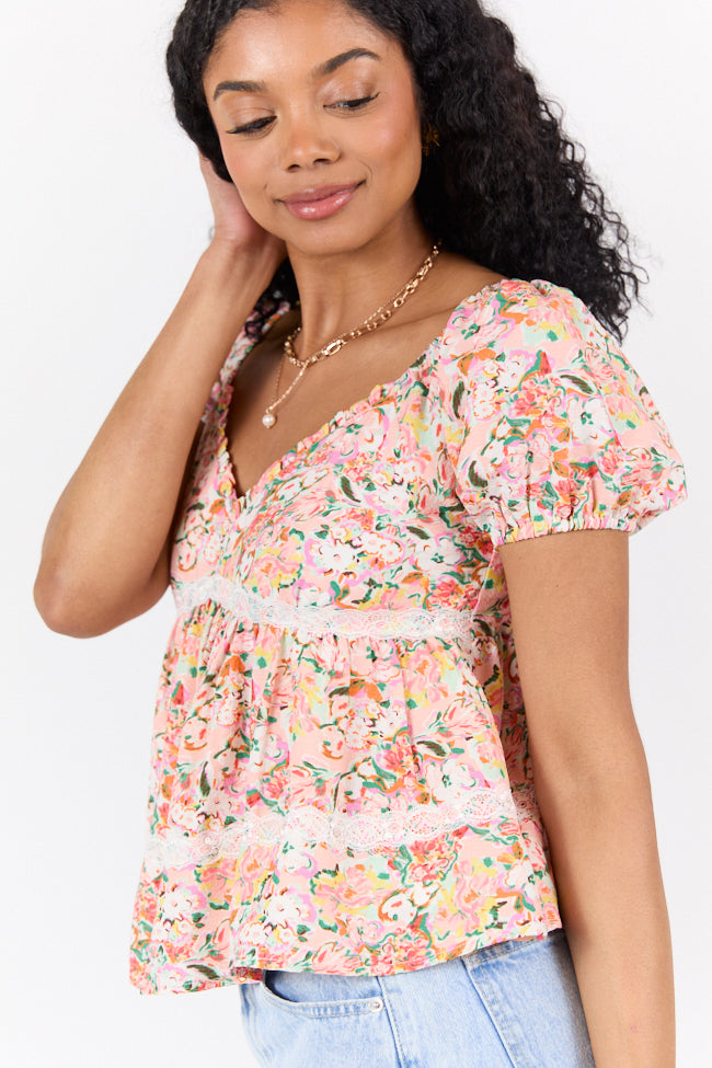 Something About It Short Sleeve Multi Floral Lace Trim Blouse FINAL SALE - Image 3