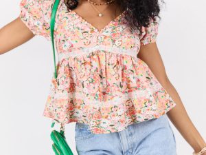 Something About It Short Sleeve Multi Floral Lace Trim Blouse FINAL SALE
