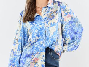 I've Been Waiting Blue Floral Patch Print Satin Button Down Blouse FINAL SALE