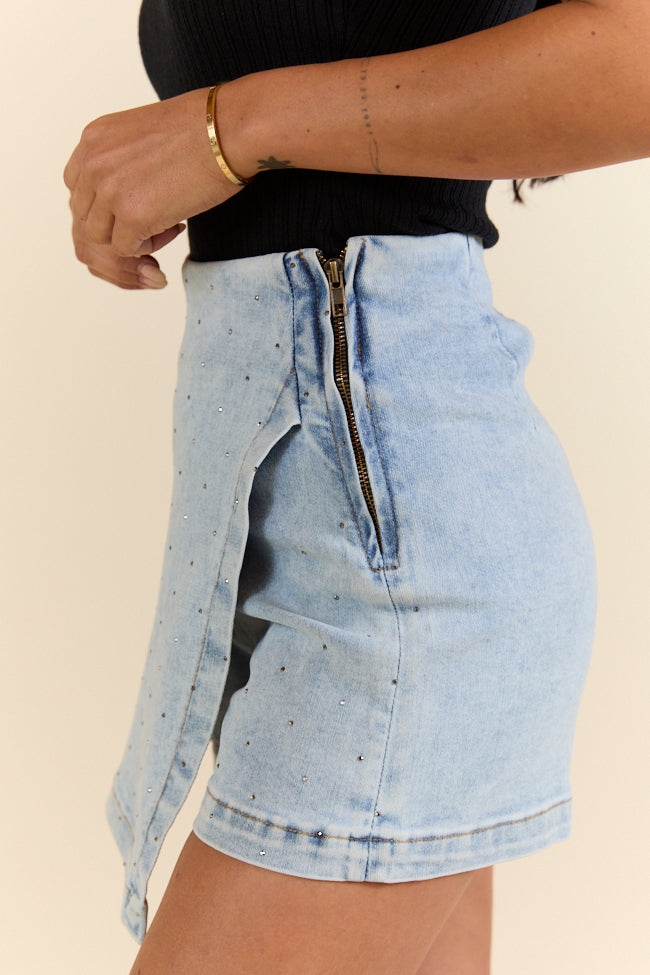My Favorite Light Wash Rhinestone Studded Denim Skort - Image 6