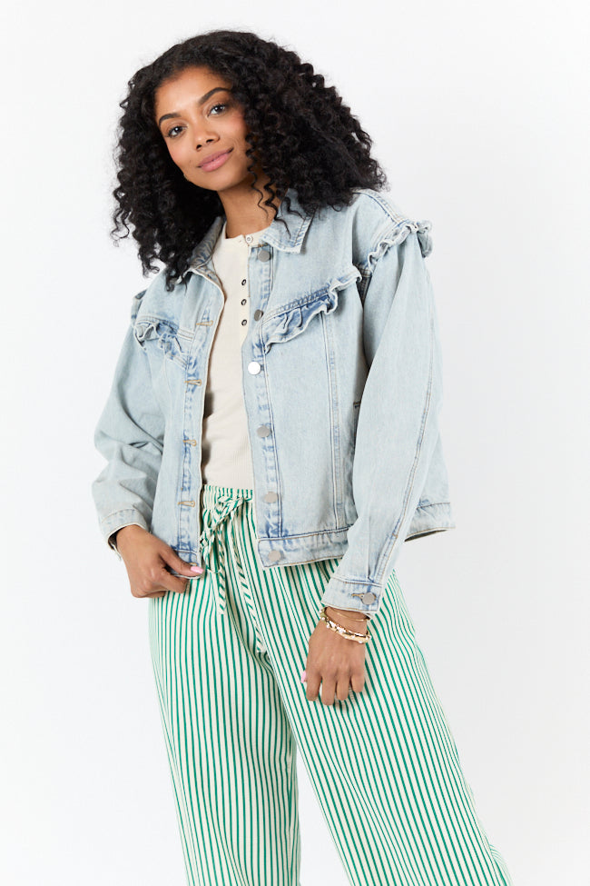 Told You So Light Wash Ruffle Trim Denim Jacket FINAL SALE