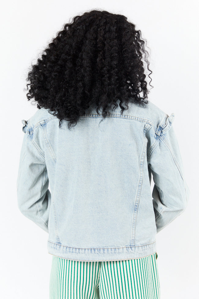 Told You So Light Wash Ruffle Trim Denim Jacket FINAL SALE - Image 5