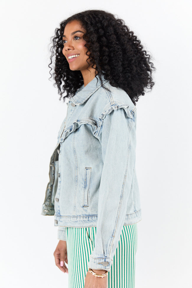 Told You So Light Wash Ruffle Trim Denim Jacket FINAL SALE - Image 4