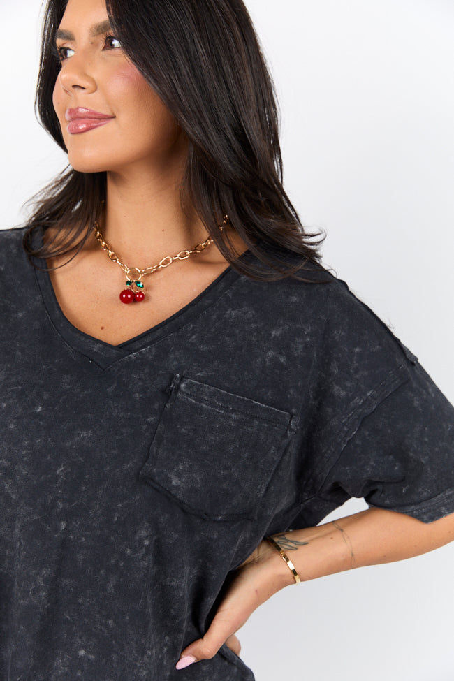 When We Meet Black Oversized Acid Wash V-Neck Tee FINAL SALE - Image 4