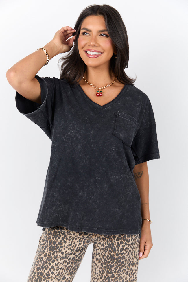 When We Meet Black Oversized Acid Wash V-Neck Tee FINAL SALE - Image 3