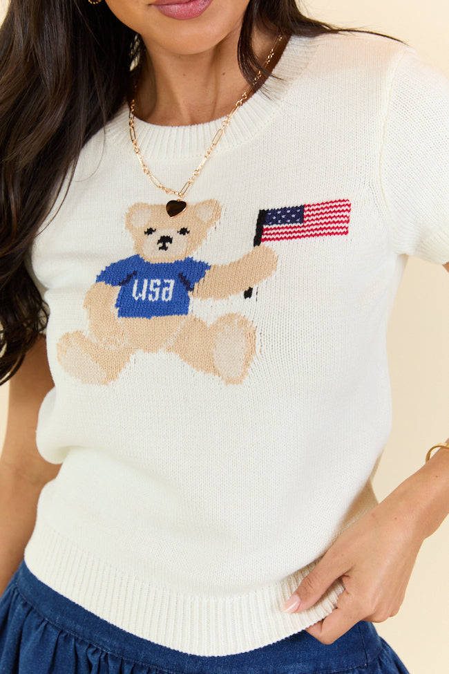 Made For Celebratin' Ivory Americana Short Sleeve Bear Sweater - Image 5