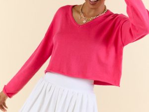 No Bad Days Hot Pink Drop Shoulder V-Neck Pullover FINAL SALE