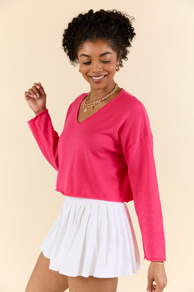 No Bad Days Hot Pink Drop Shoulder V-Neck Pullover FINAL SALE - Image 4