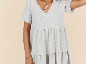 Planning Ahead Heather Grey Short Sleeve Waffle V-neck Dress FINAL SALE