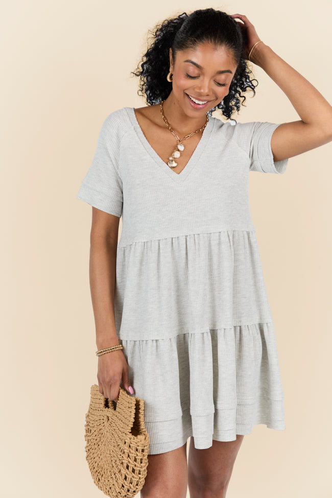 Planning Ahead Heather Grey Short Sleeve Waffle V-neck Dress FINAL SALE