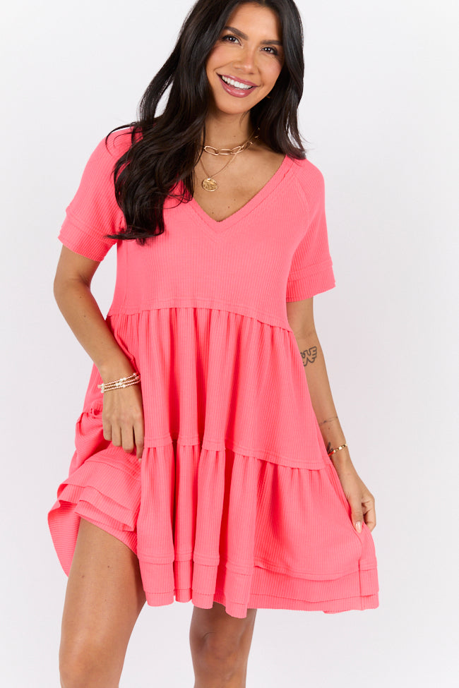 Planning Ahead Coral Waffle Knit Short Sleeve V-neck Dress FINAL SALE - Image 3