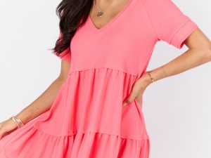 Planning Ahead Coral Waffle Knit Short Sleeve V-neck Dress FINAL SALE