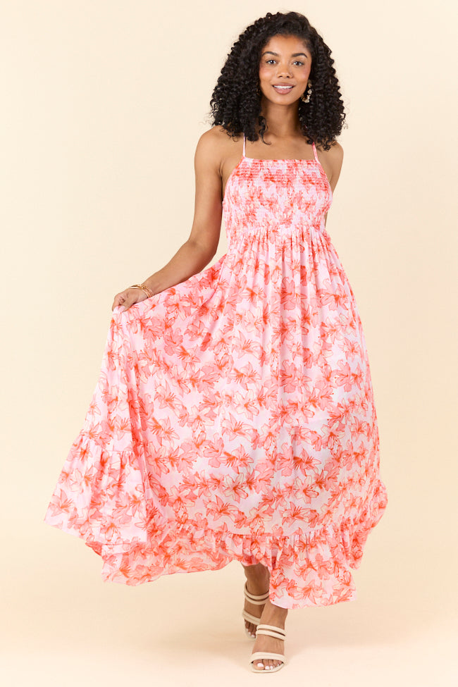 Floral Symphony Pink and Orange Smocked Maxi Dress FINAL SALE - Image 2