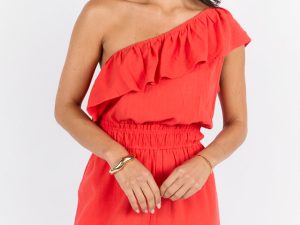 New Mood Red One Shoulder Romper FINAL SALE