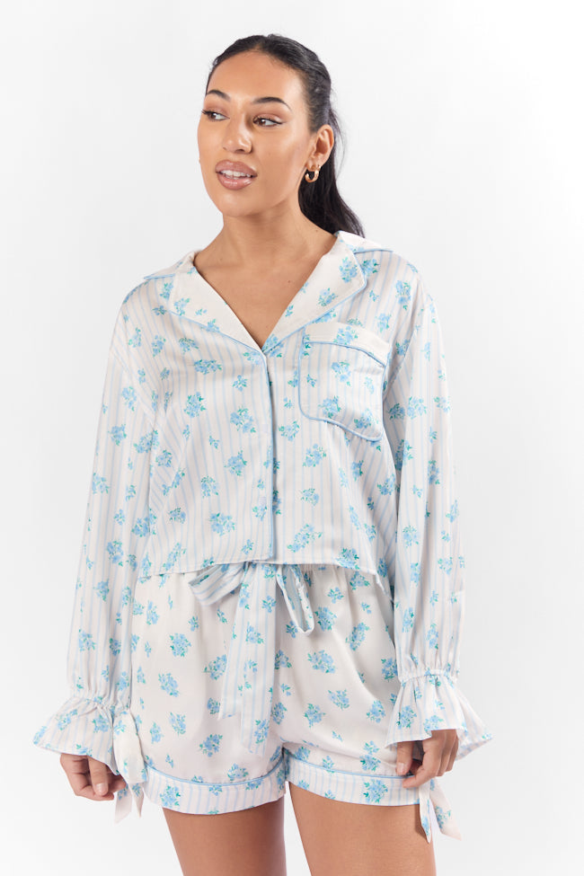 Sleep On My Side Blue Floral Satin Long Sleeve Pajama Top FINAL SALE - Image 3