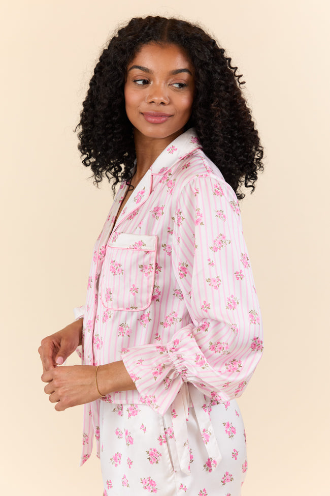 Sleep On My Side Pink Floral Satin Long Sleeve Pajama Top FINAL SALE - Image 6