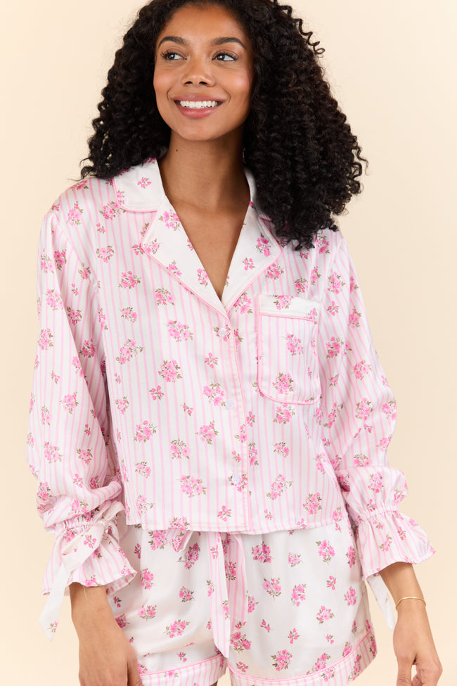 Sleep On My Side Pink Floral Satin Long Sleeve Pajama Top FINAL SALE - Image 4