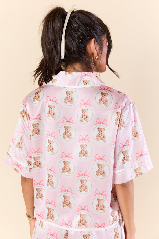 Snuggled Up Teddy Bear Printed Contrast Tie Detail Satin Short Sleeve Pajama Top FINAL SALE - Image 7