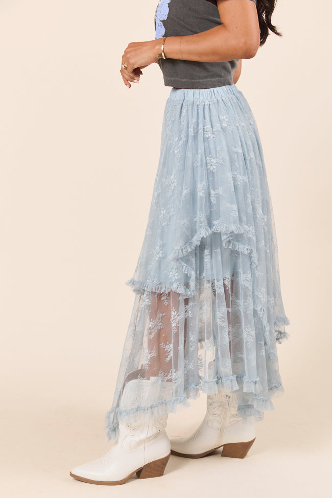 Cynthia Dusty Blue All Over Lace Hanky Hem Skirt - Image 4