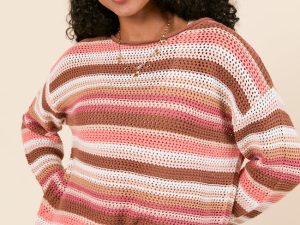 Raelyn Brown Striped Open Knit Sweater