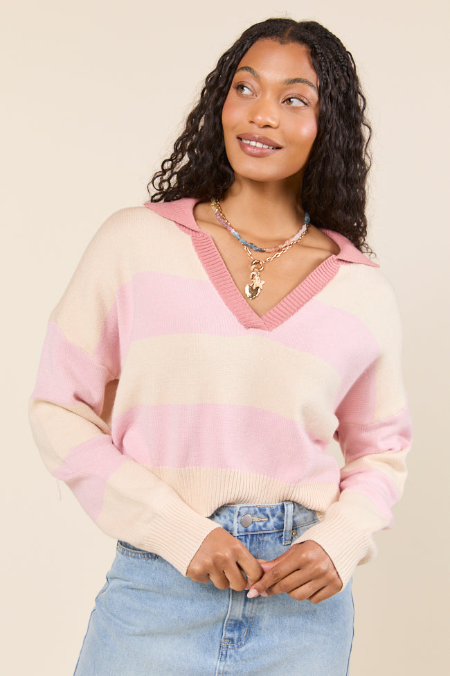 Hibiscus Pink and Cream Striped Collared V-Neck Sweater - Image 3