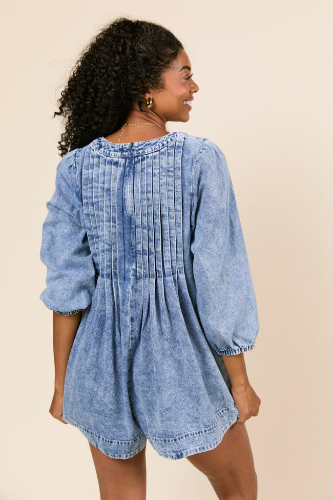 Eleanor Long Sleeve Blue Chambray Romper - Image 6