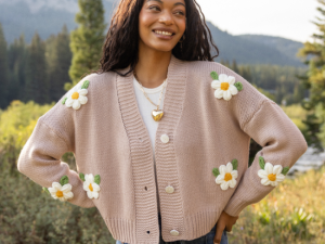 Samantha Long Sleeve Taupe Daisy Cardigan