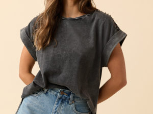 Kamryn Studded Short Sleeve Black Acid Wash Tee FINAL SALE