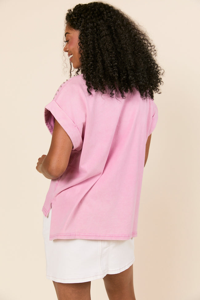 Kamryn Studded Short Sleeve Pink Acid Wash Tee FINAL SALE - Image 5