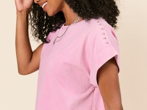 Kamryn Studded Short Sleeve Pink Acid Wash Tee FINAL SALE