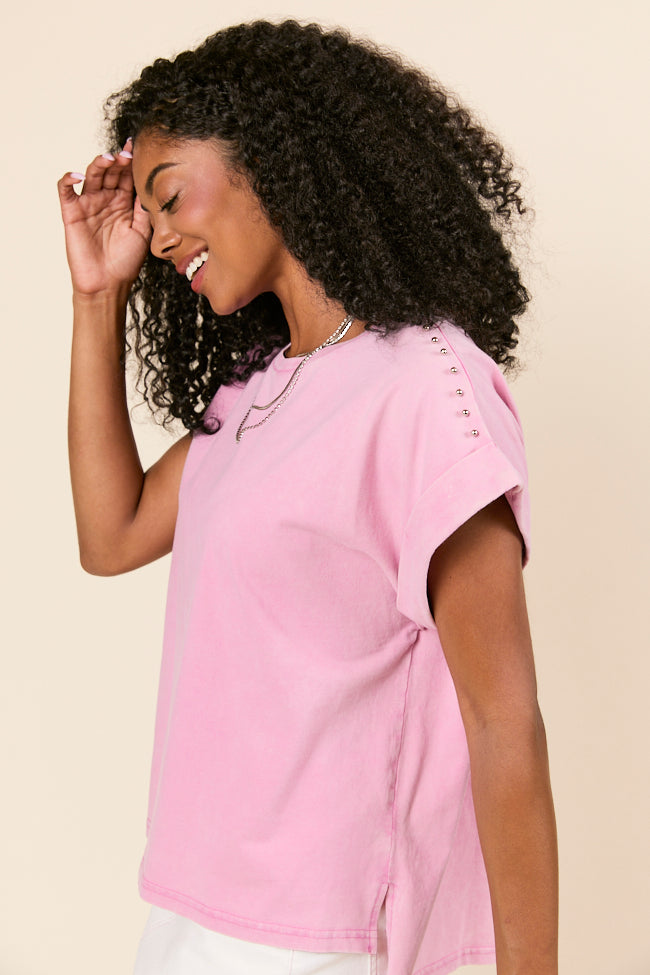 Kamryn Studded Short Sleeve Pink Acid Wash Tee FINAL SALE