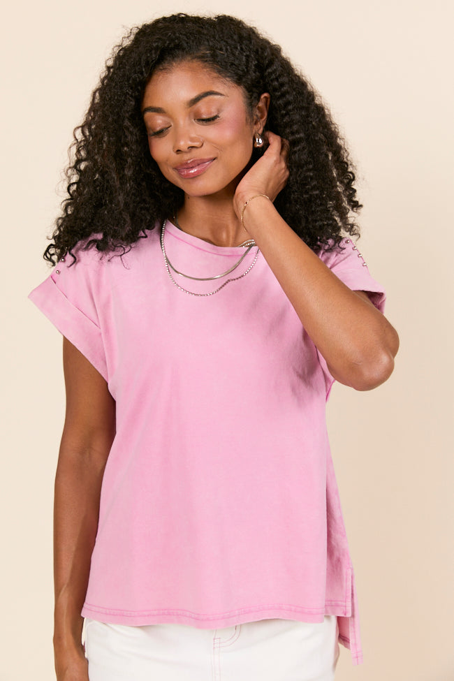 Kamryn Studded Short Sleeve Pink Acid Wash Tee FINAL SALE - Image 2
