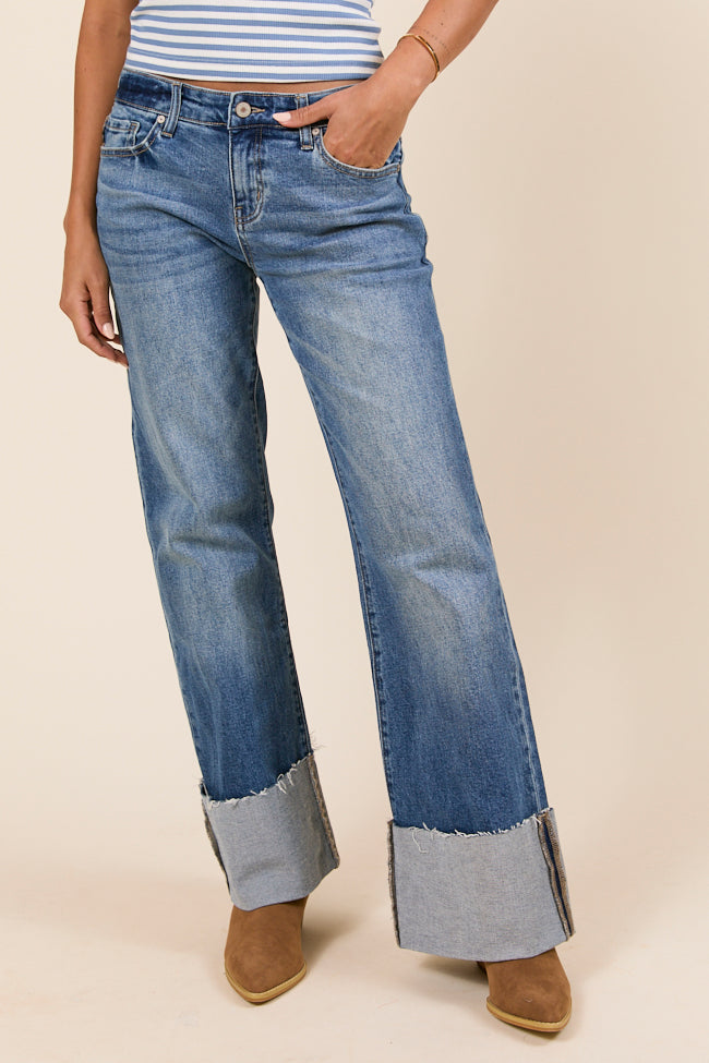Jolie Dark Wash Mid Rise Wide Flare Cuffed Jeans FINAL SALE