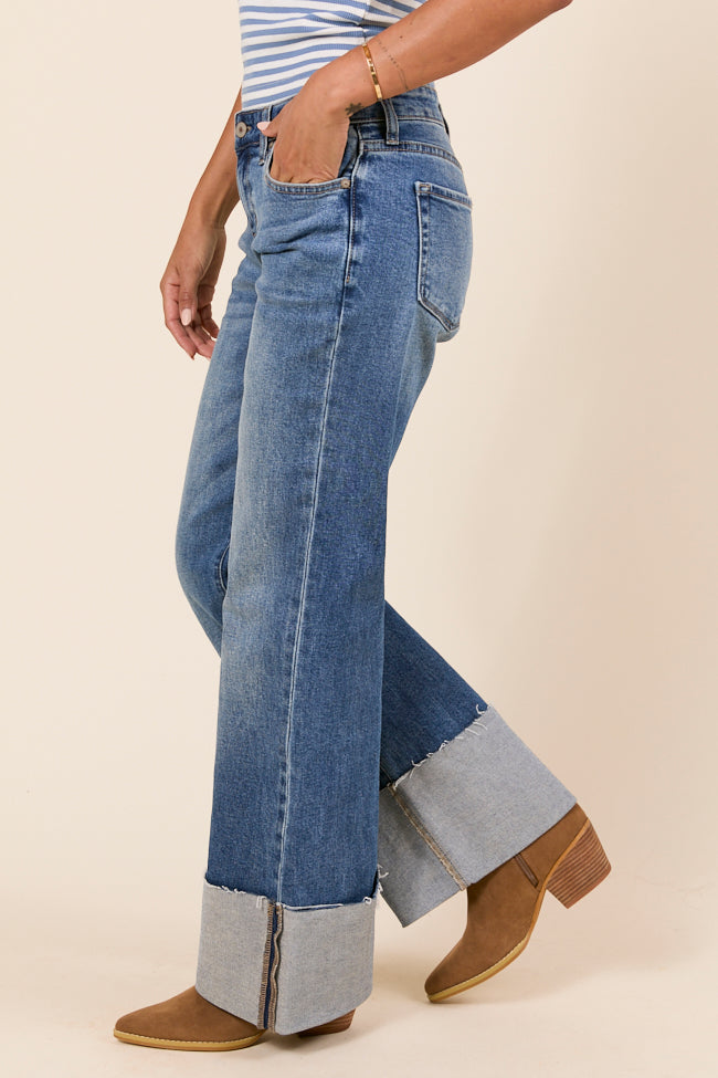 Jolie Dark Wash Mid Rise Wide Flare Cuffed Jeans FINAL SALE - Image 3