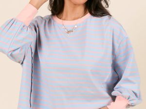 Susanna Long Sleeve Blue and Coral Stripe Knit Tee