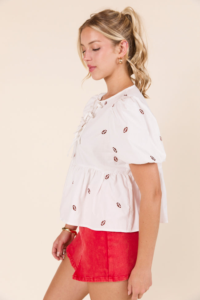 Angela Short Sleeve White Embroidered Football Peplum Top FINAL SALE - Image 6